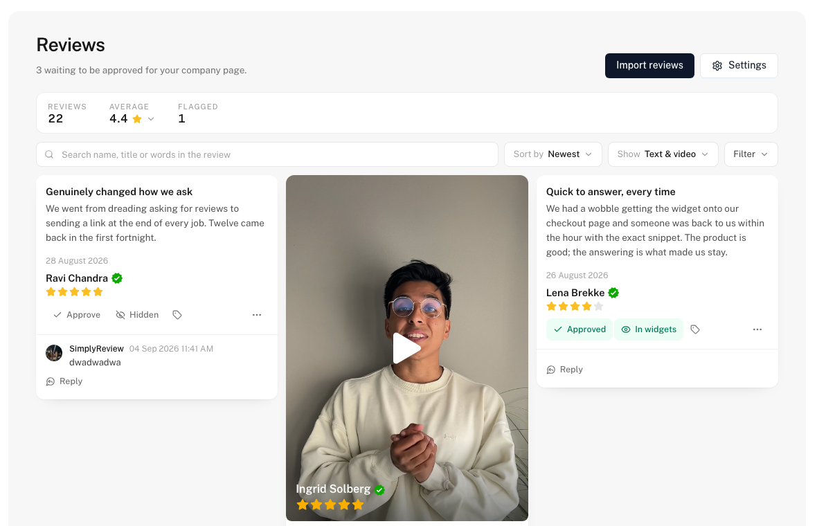The SimplyReview dashboard: reviews waiting to be approved, text and video side by side.